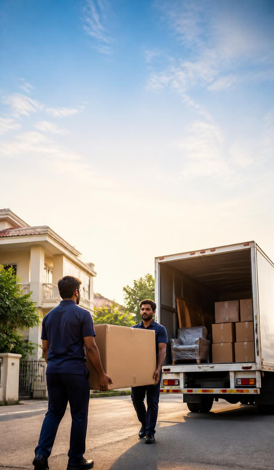 GRT Packers & Movers crew carrying a moving box into a GRT truck