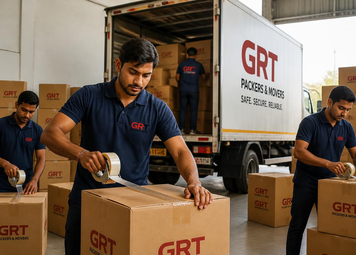 GRT movers in branded uniforms taping cardboard boxes beside a GRT truck