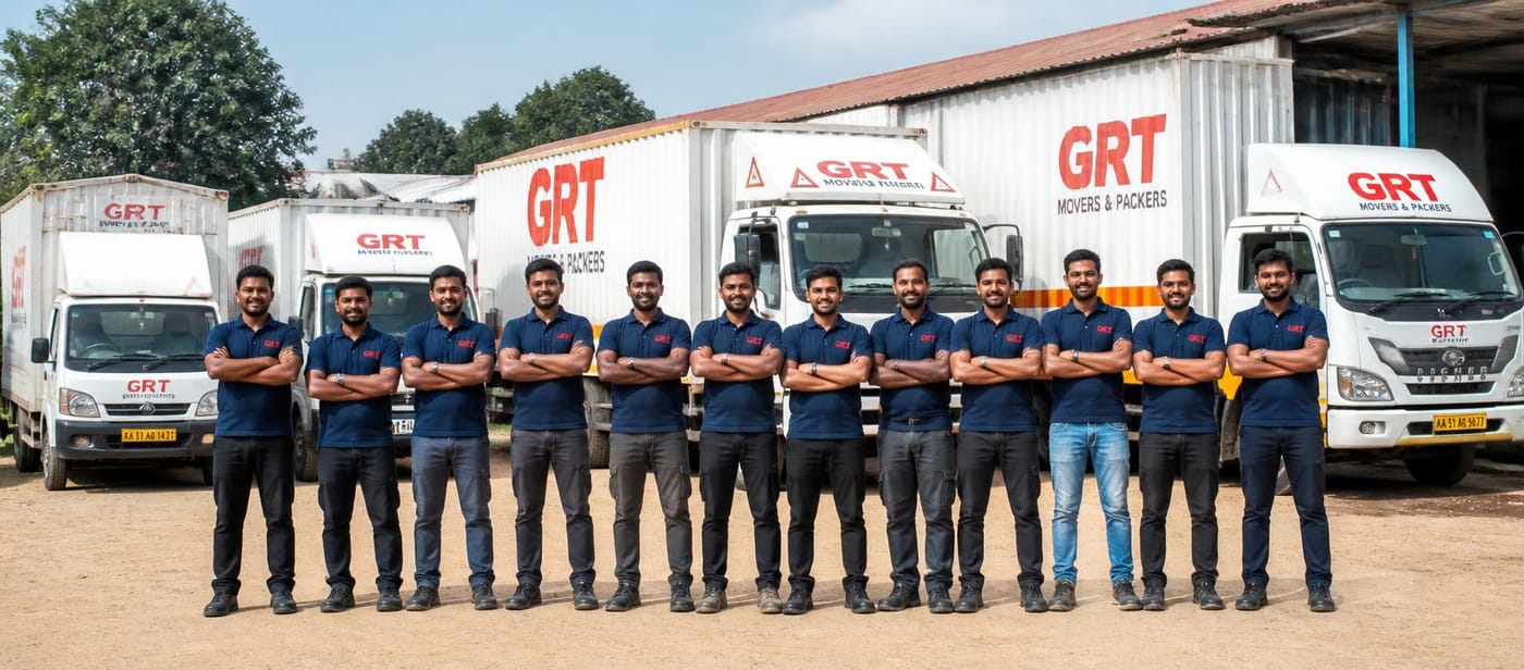 GRT Packers & Movers team in branded uniforms standing in front of GRT trucks