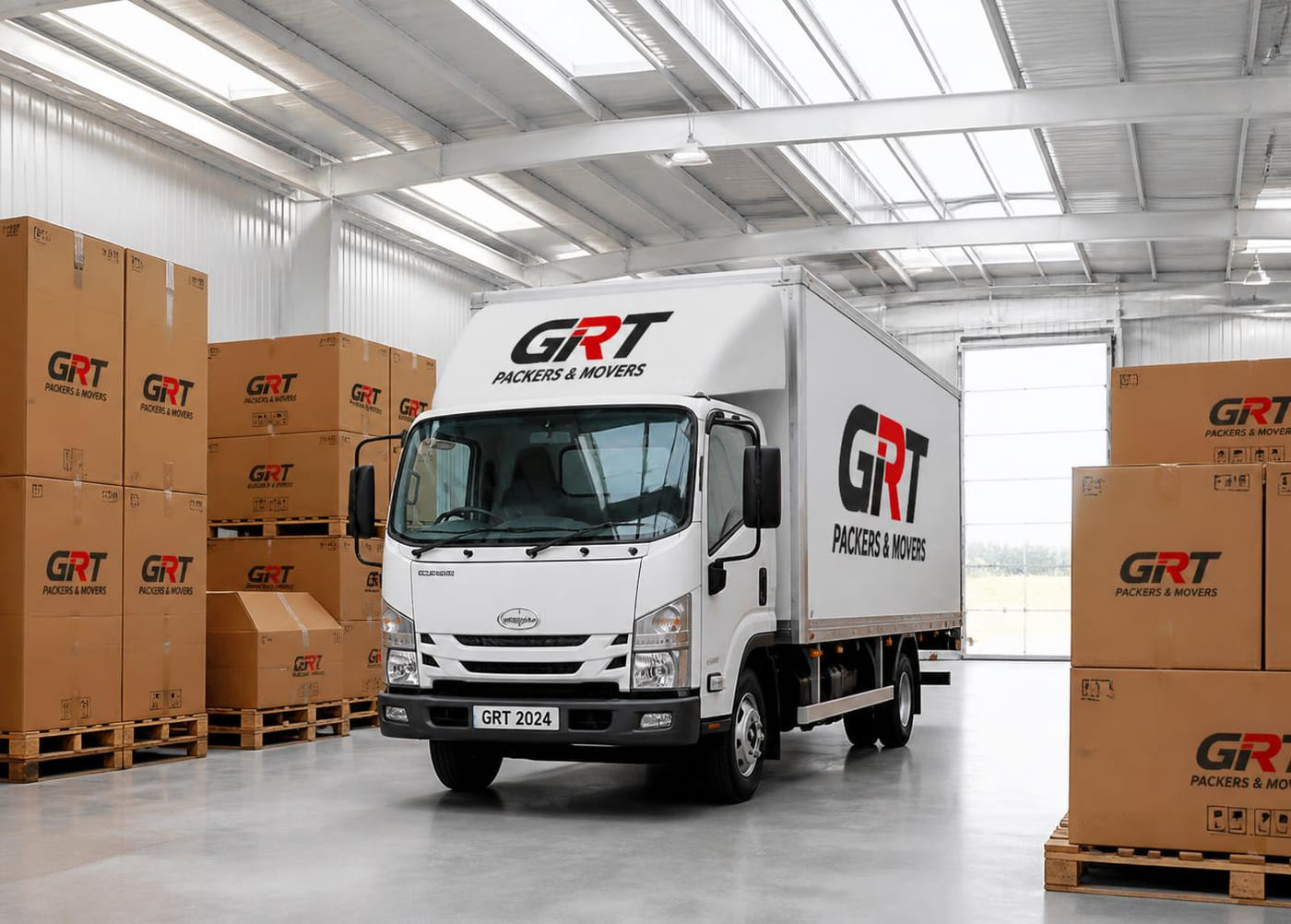 GRT Packers & Movers truck and labelled moving boxes inside the GRT warehouse