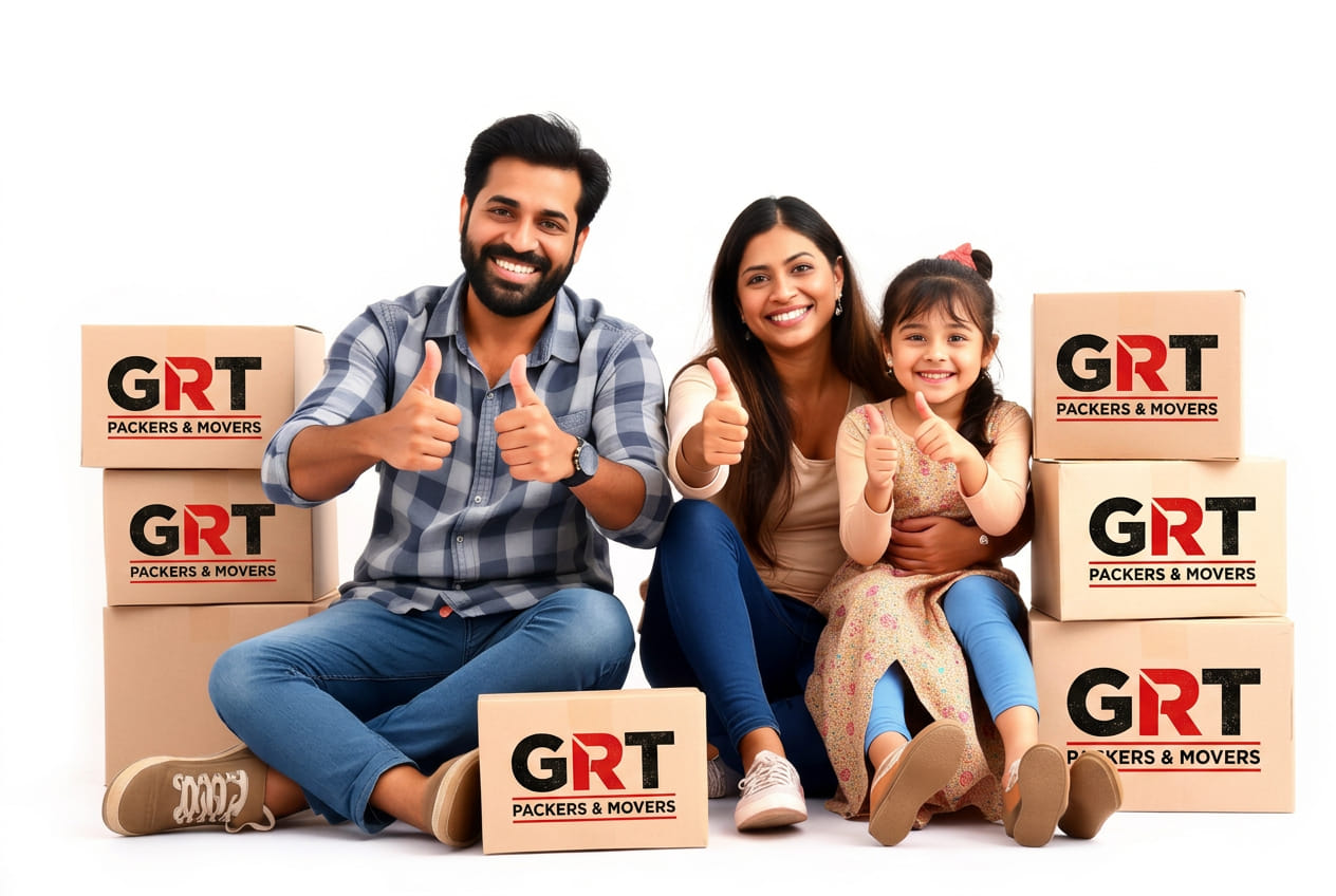 Happy family giving a thumbs up beside GRT Packers & Movers branded moving boxes