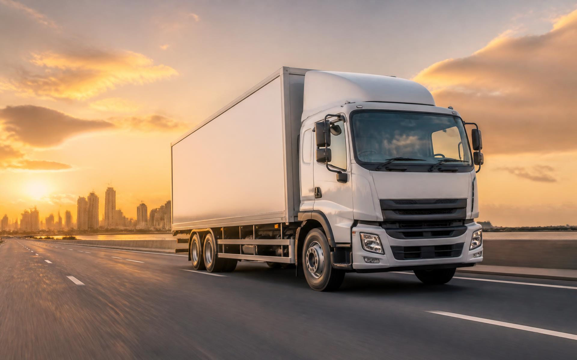 White GRT moving truck on an Indian highway at golden hour with a city skyline