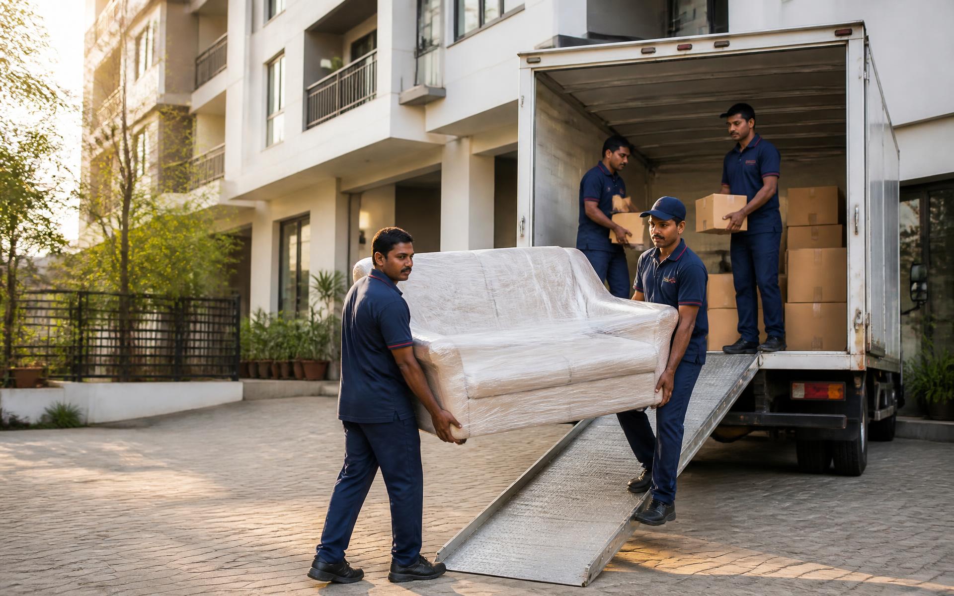 Uniformed moving crew carrying wrapped furniture down the ramp of a moving truck