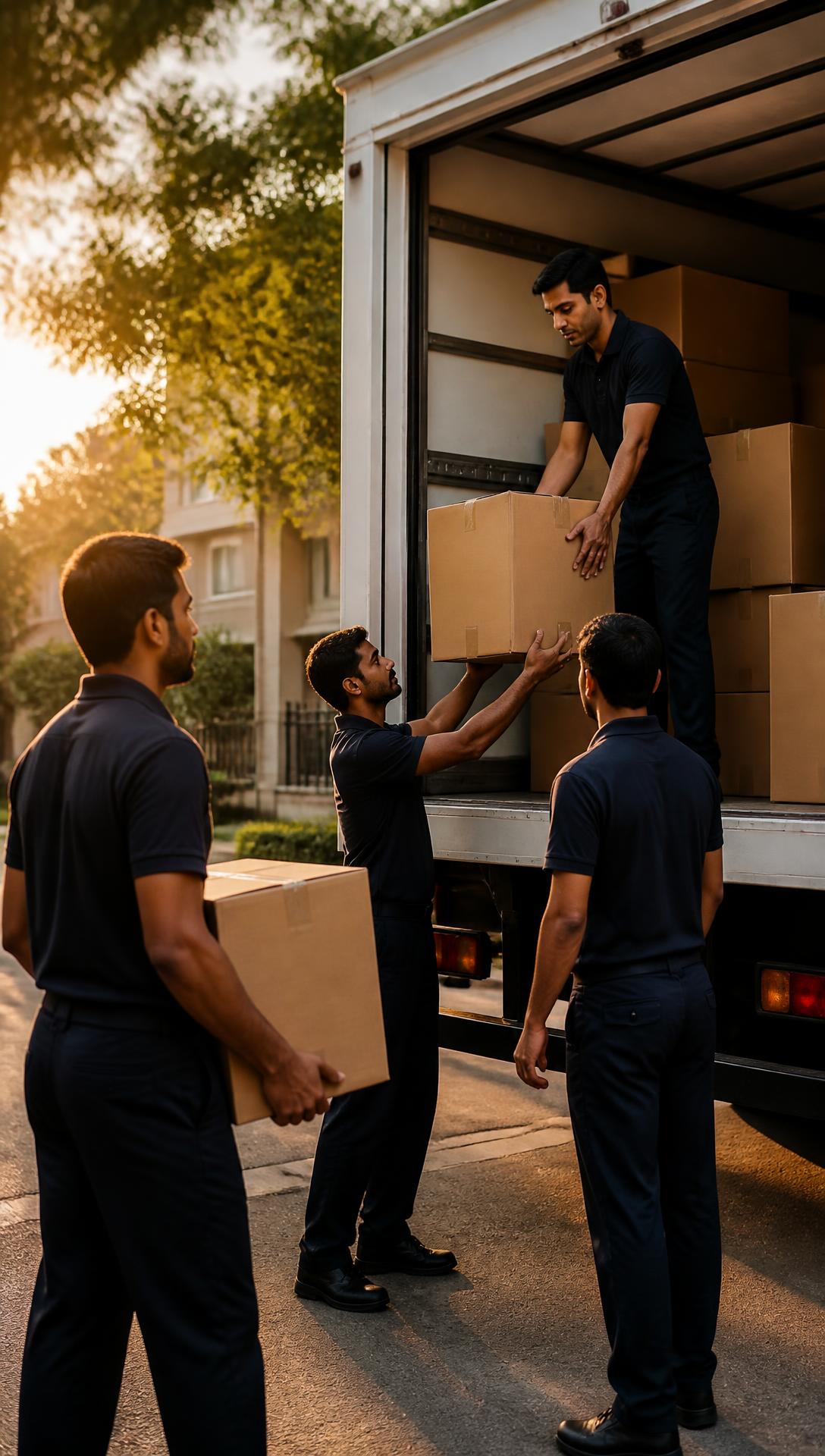 GRT Packers & Movers crew loading cardboard boxes into a moving truck at sunset