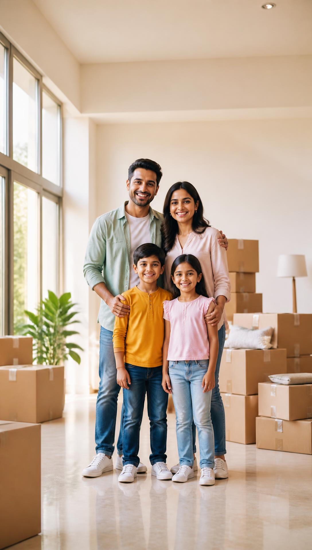 Happy Indian family standing with moving boxes inside their bright new home