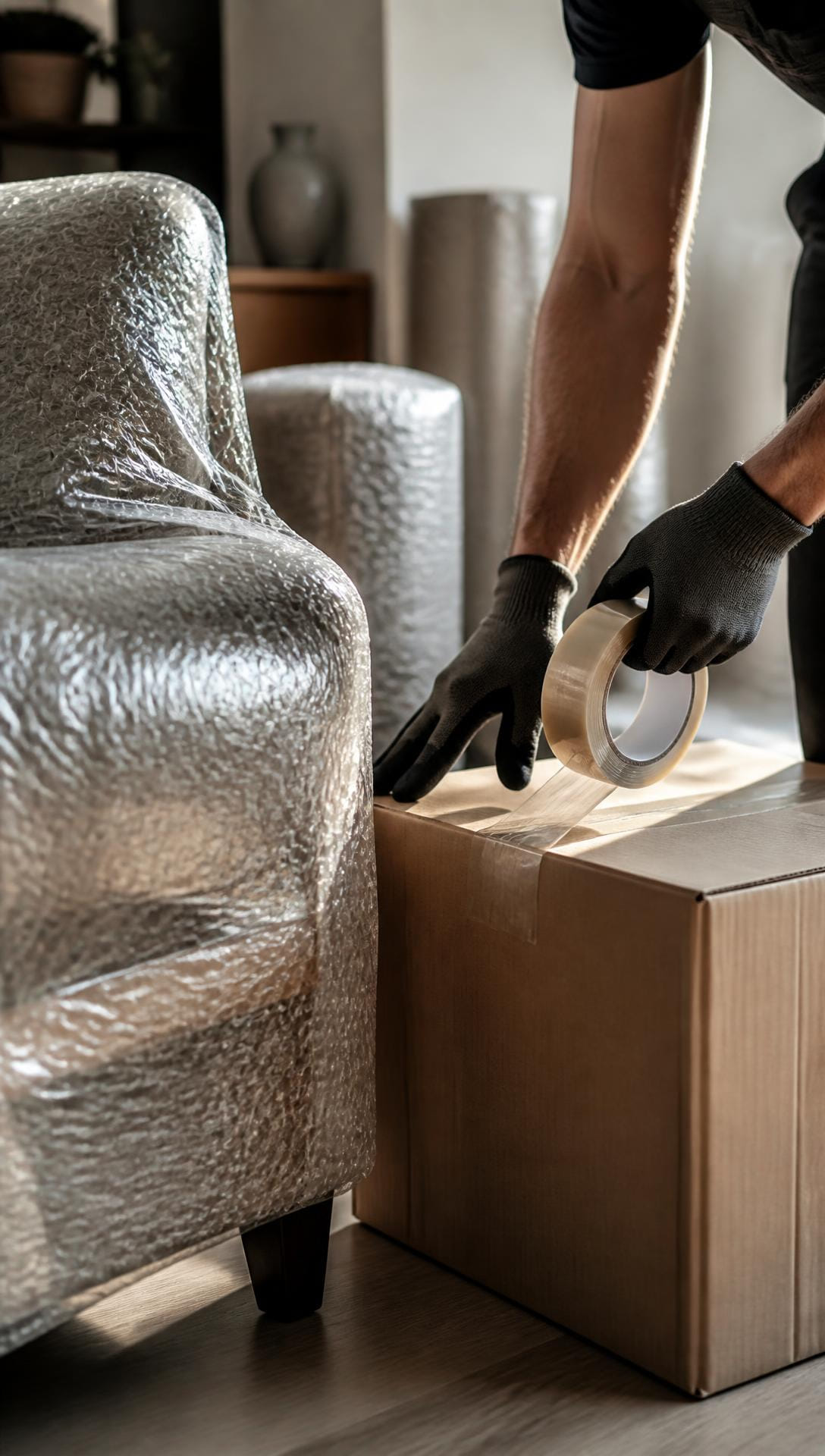 Professional packer wrapping furniture and sealing a cardboard box