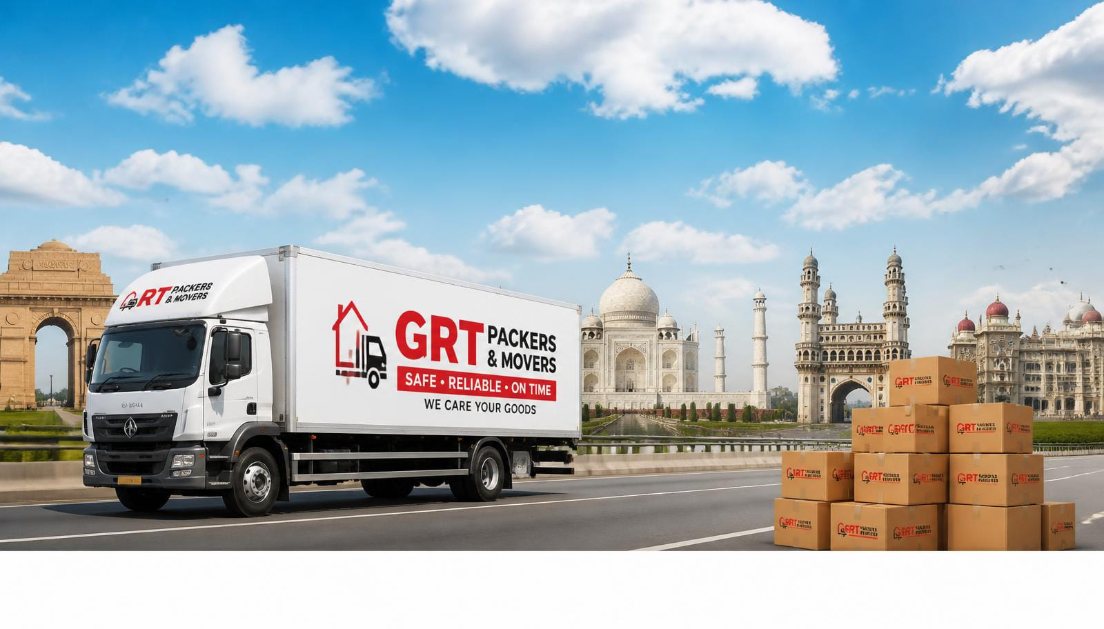 GRT Packers & Movers branded truck with packed cartons in front of famous Indian landmarks