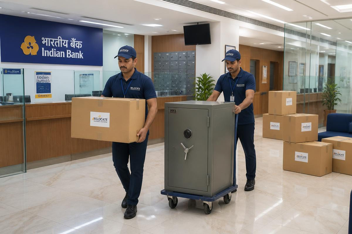 Uniformed movers relocating a bank locker and sealed document boxes
