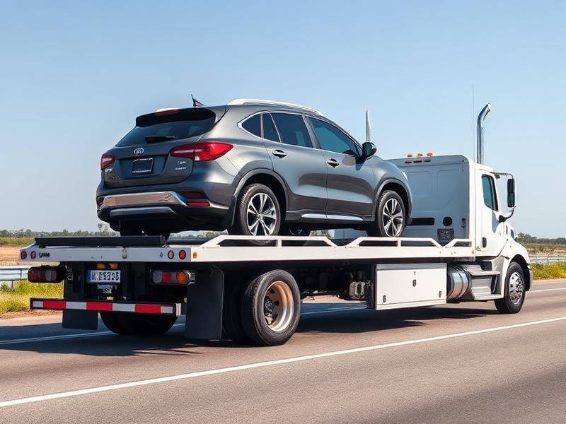 Car loaded on a flatbed carrier for safe car transportation