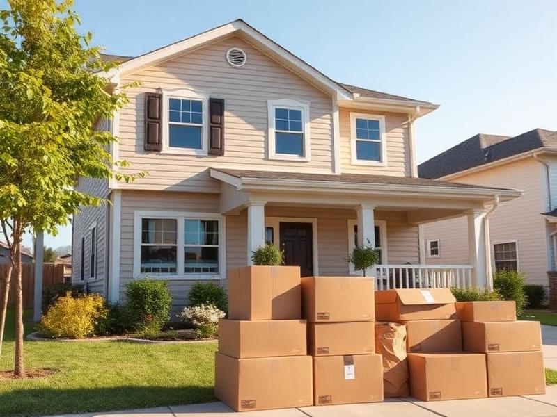 House shifting service with packed cardboard boxes in front of a family home