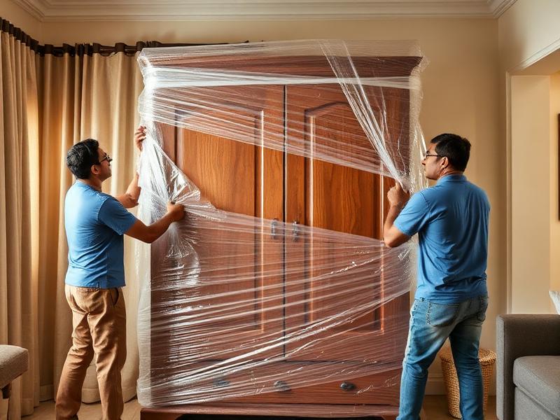 Movers wrapping a wooden wardrobe with stretch film for safe packing