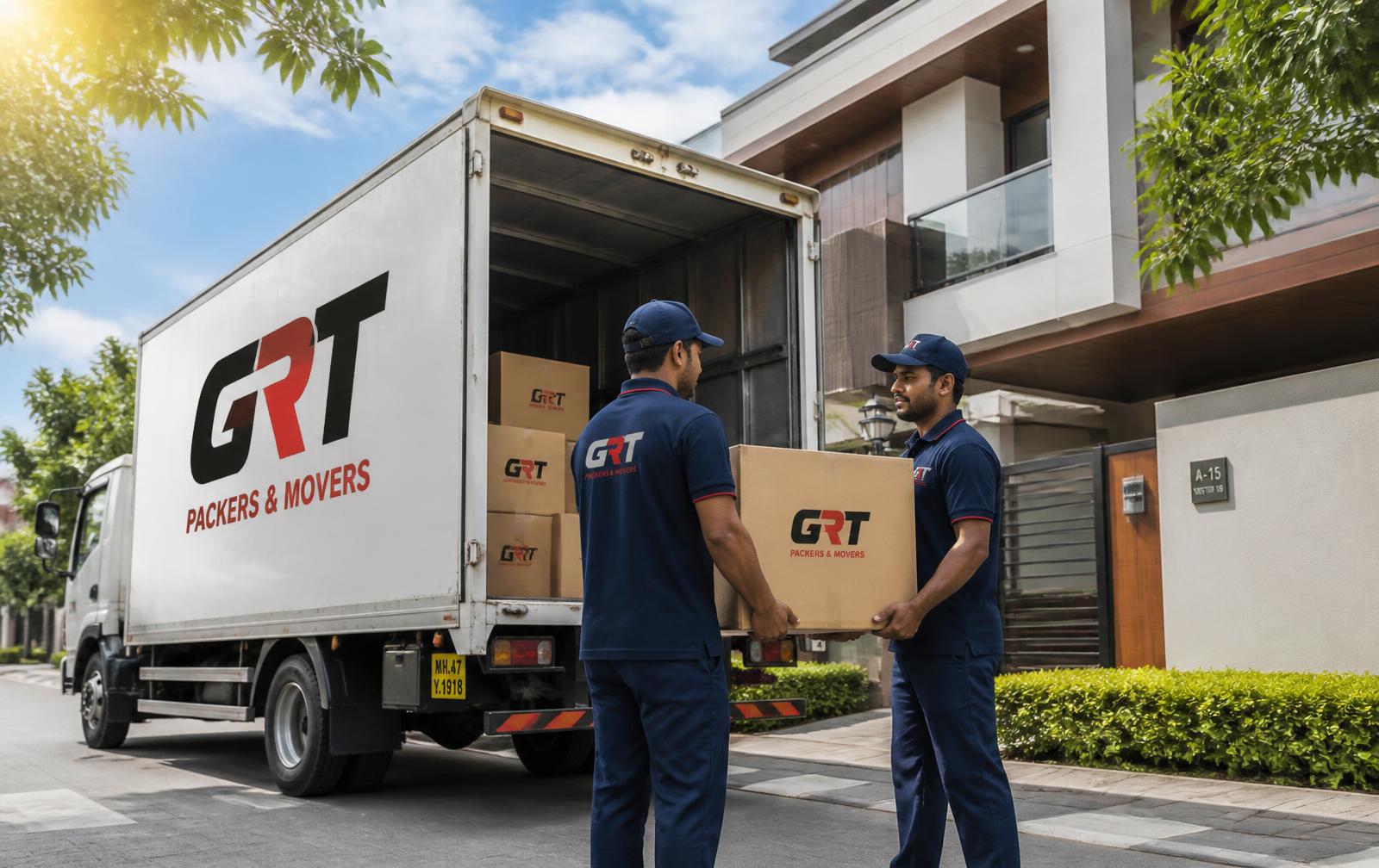GRT Packers and Movers crew loading branded cartons into a GRT truck
